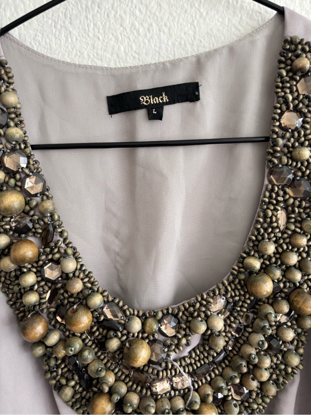 Black Scoop Neck Top with Intricate Beaded Collar - Neutral Taupe